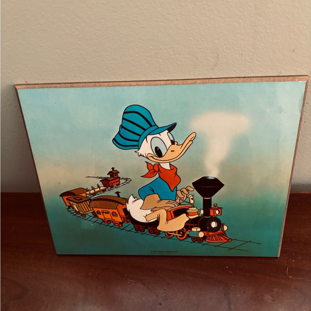 Vintage Walt Disney Productions Wall Plaque Donald Duck Train Conductor, 8x10